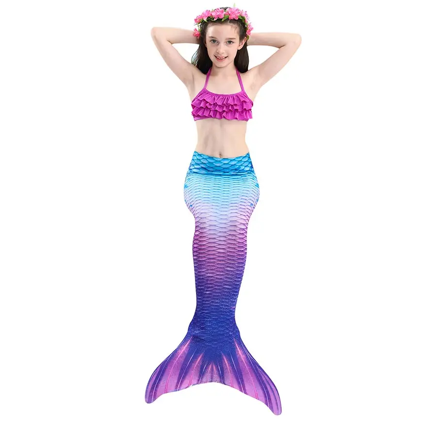 3Pcs Girls Kids Swimmable Mermaid Tail monofin Swimsuit Bikini Swimming Costume